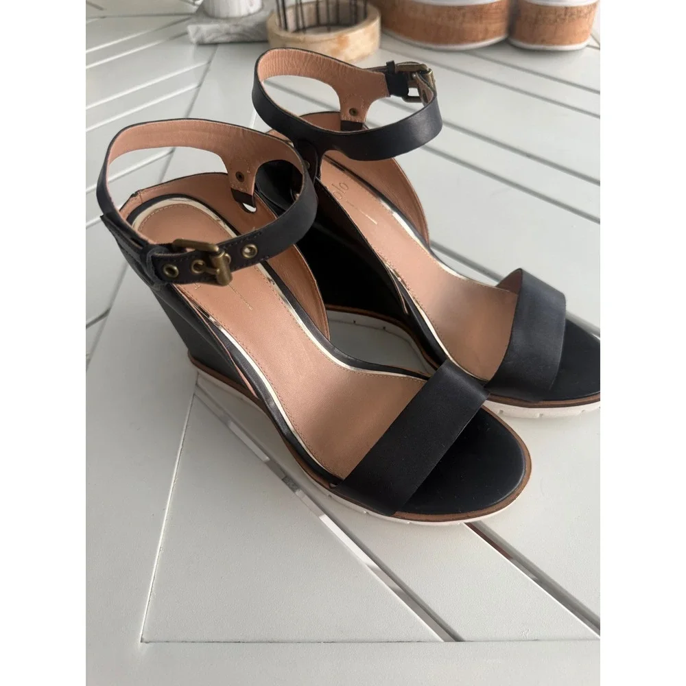 Linea Paolo Ella Womens Black Leather Wedge Sandals Ankle Strap Shoes